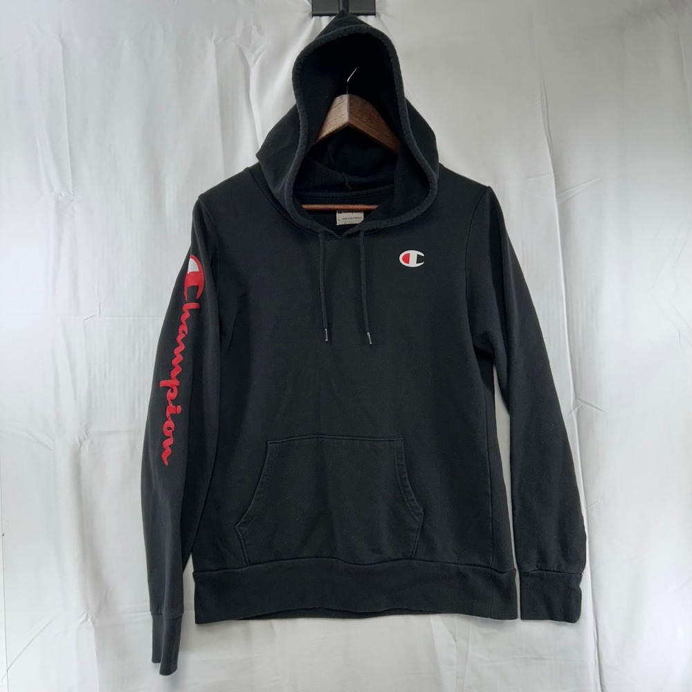 Champion Hoodie Youth Boy Large Black Red Script Sleeve Logo Pullover Sweatshirt